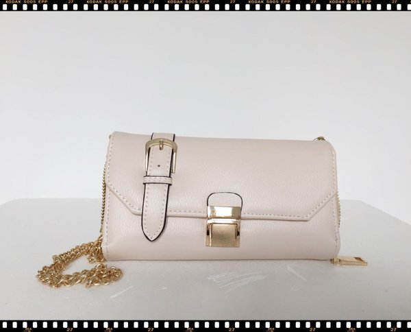 Pochette/portafoglio beige con fibbia e tracollina dorata. ( 10x18x3 )