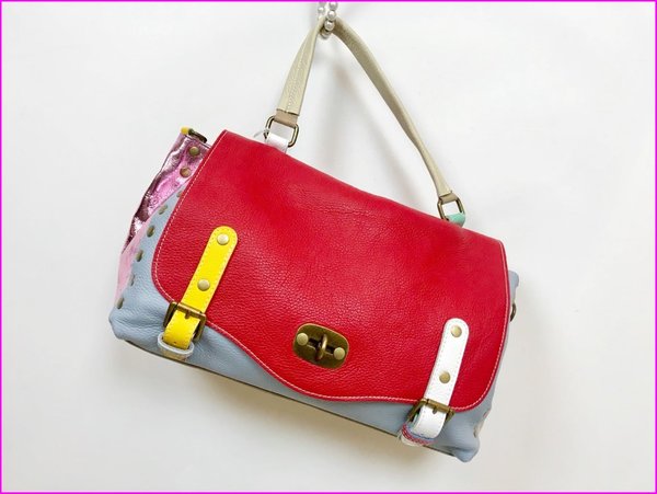 Borsa patchwork in vera pelle rossa multicolore. ( 35x24x13 )