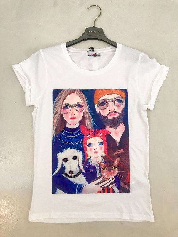 T-shirt bianca stampa FAMILY occhiali impreziositi.