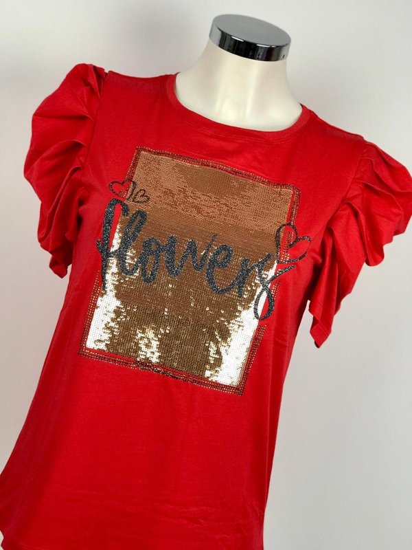 T-shirt manica sbuffo rossa paillettes