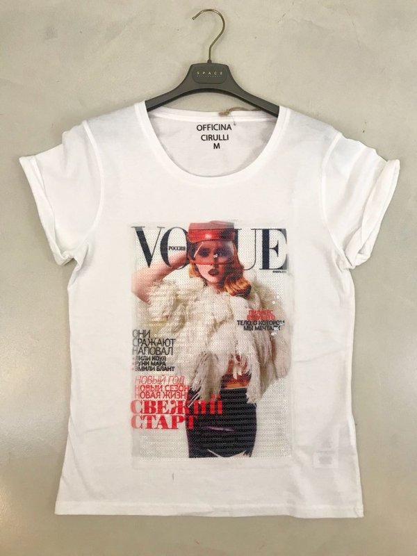 T-shirt bianca stampa paillettes VOGUE..