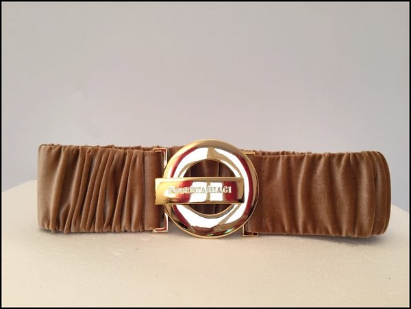 Cintura R. BIAGI elastica in velluto color cammello, fibbia tonda dorata. ( H 7 cm )