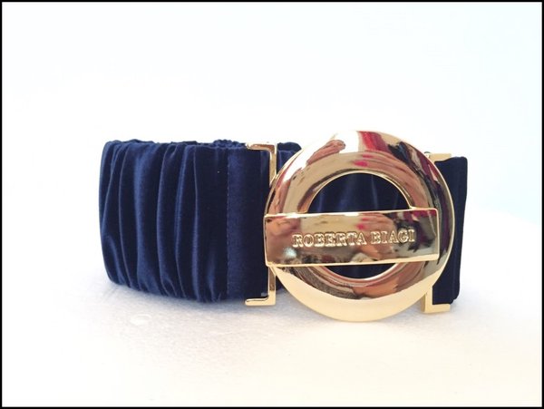 Cintura R. BIAGI elastica in velluto color blu, fibbia tonda dorata. ( H 7 cm )