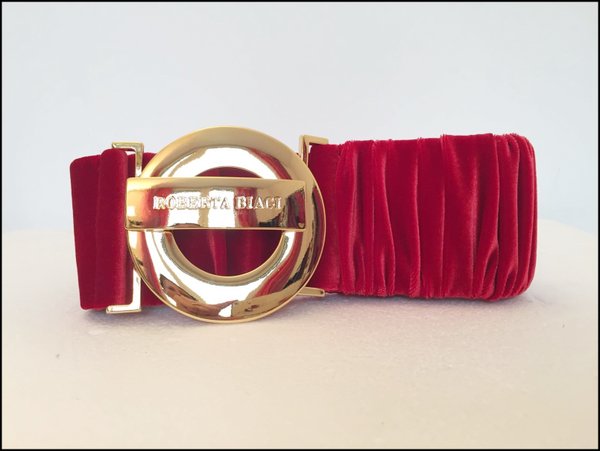 Cintura R. BIAGI elastica in velluto color rosso, fibbia tonda dorata. ( H 7 cm )