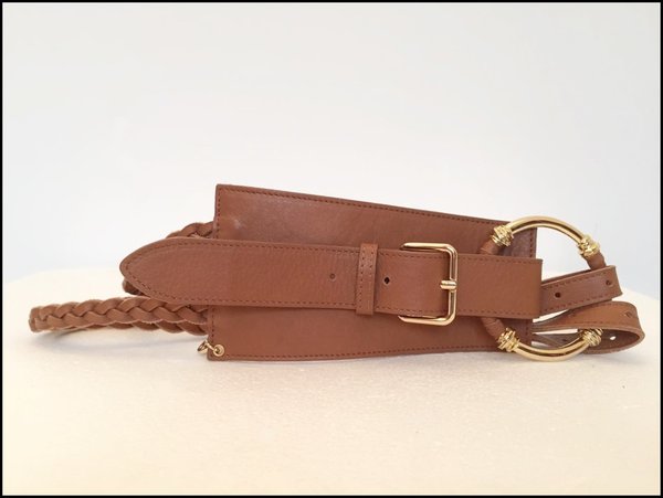 Cintura R. BIAGI in cuoio doppia fascia intrecciata, fibbia tonda dorata. ( H 6 cm )