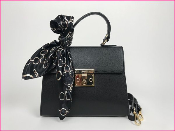 Borsa vera pelle nera con finiture dorate , tracolla e foulard. ( 23x20x10 )