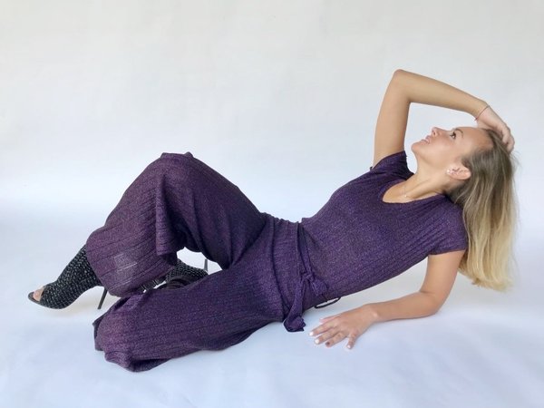 Jumpsuit plissè in lurex viola, Vicolo.