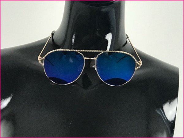 Sunglasses leggerissimo con lenti a specchio blu e finiture a intreccio dorate.