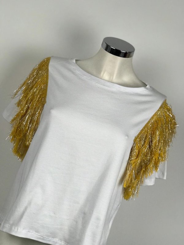 T-shirt bianca con frange lurex gialle