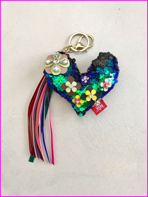 Charms cuore blu in paillettes con frange multicolore