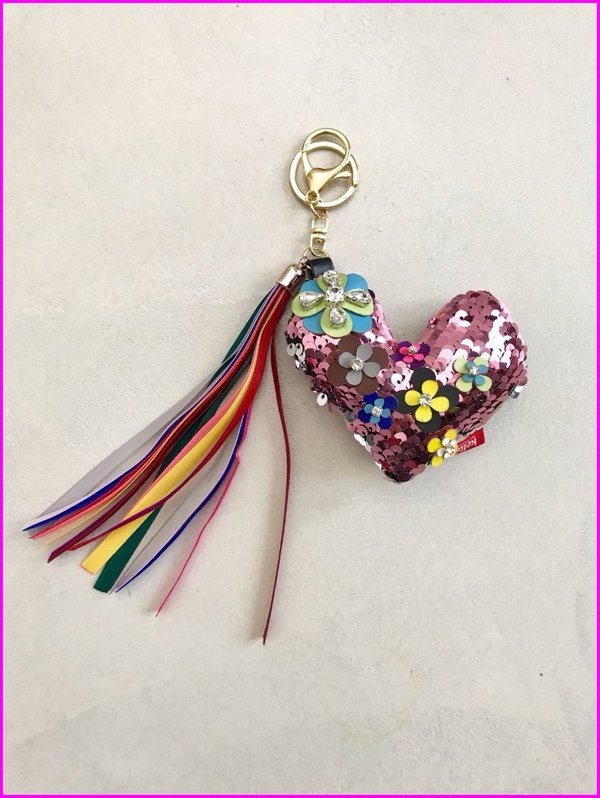 Charms cuore rosa in paillettes con frange multicolore