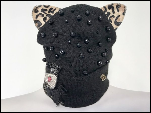 Cuffia nera Gil Santucci orecchiette animalier con perle nere e gattino in swarovski.