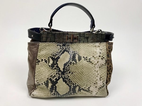 Borsa patchwork vera pelle dai toni moro beige. ( 30x23x14 )