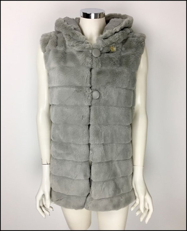 Gilet grigio in ecopelliccia reversibile con cappuccio.