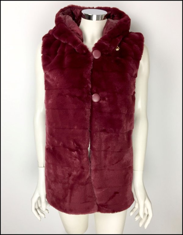 Gilet bordeaux in ecopelliccia reversibile con cappuccio.