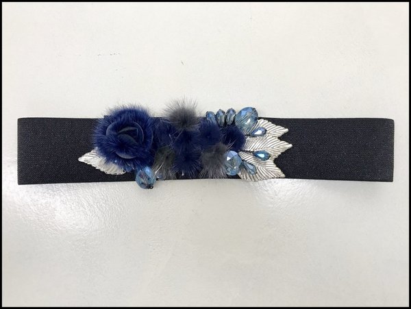Cintura elasticizzata nera in lurex con applicazioni in visone blu. ( H cm 6 )