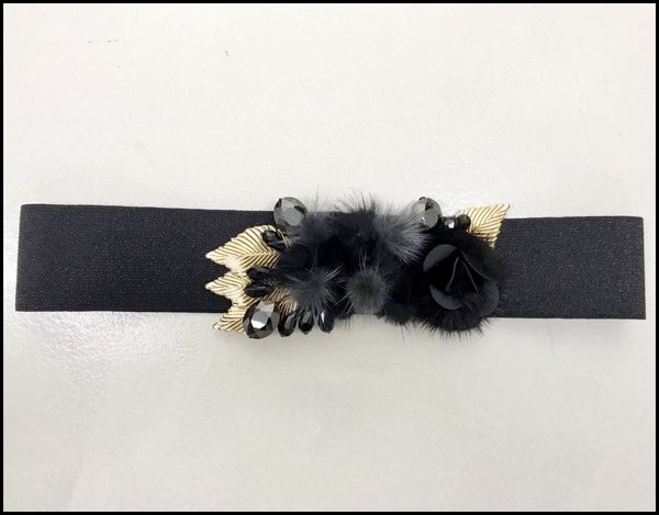 Cintura elasticizzata nera in lurex con applicazioni in visone. ( H cm 6 )