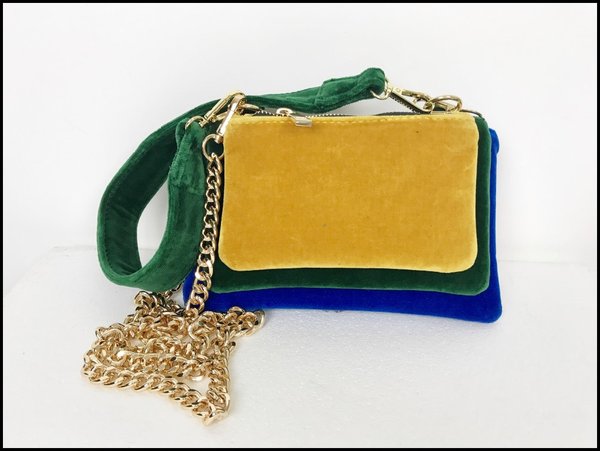 Mini bag 3 spazi giallo, verde, blu con tracolla dorata. ( 23x14x2 )